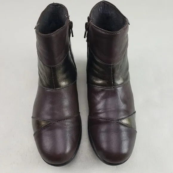 Onfoot Leather Ankle Wedge Boot Womens 6.5 EU 37 Brown & Gold Side Zip Spain